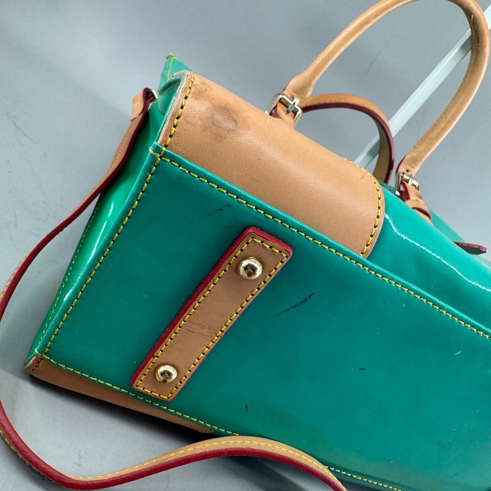Dooney & Bourke Womens Patent Leather Satchel Crossbody Bag Teal Green Tan - Picture 6 of 16